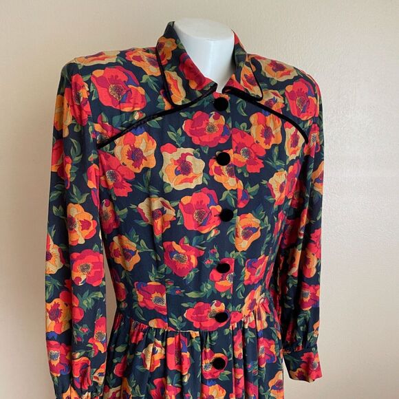 Vintage S.G.Gilbert Size 12 Dark Floral Dress Orange Long Sleeve Velvet Buttons - Picture 2 of 10